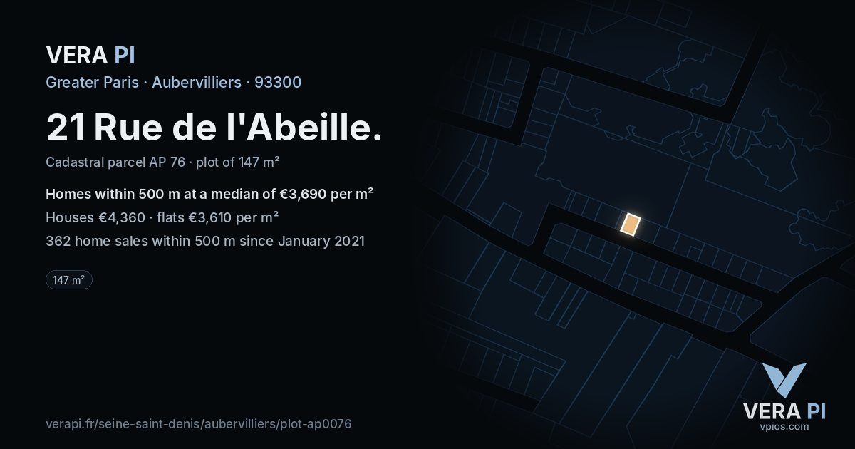 21 Rue de l'Abeille, Aubervilliers at night – the plot lit, the parcels around coloured by the prices near them
