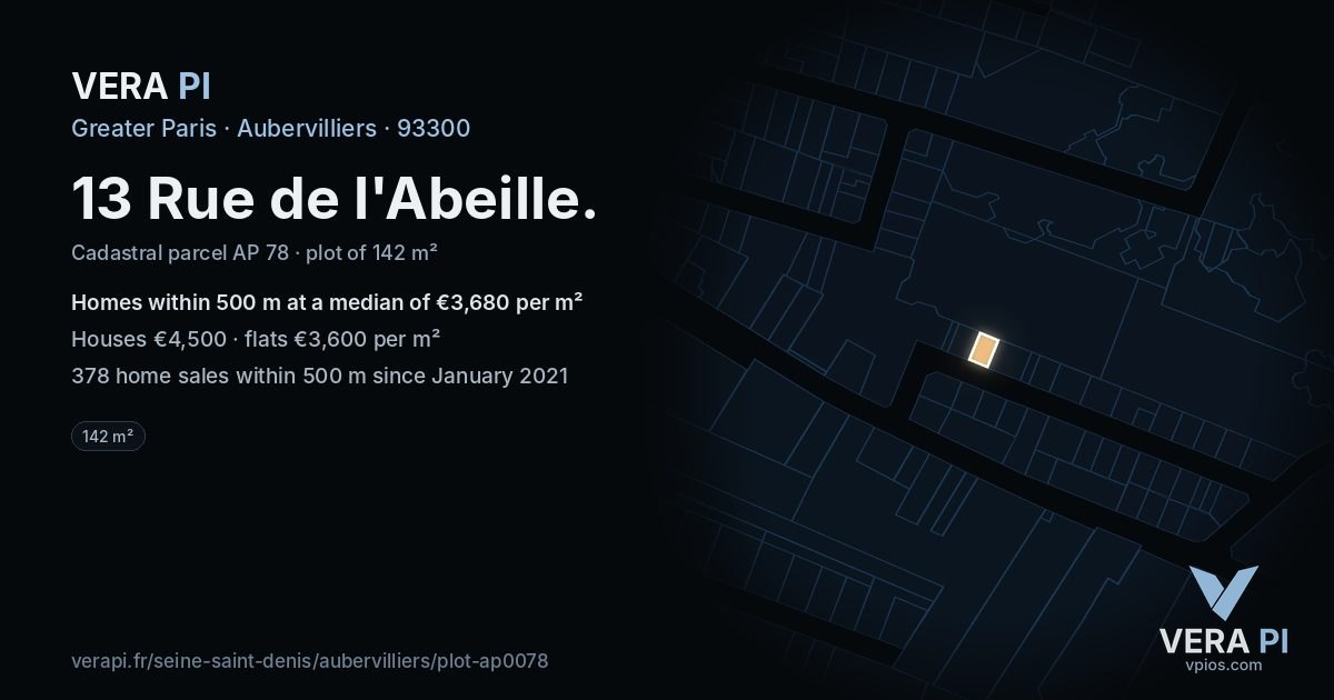 13 Rue de l'Abeille, Aubervilliers at night – the plot lit, the parcels around coloured by the prices near them