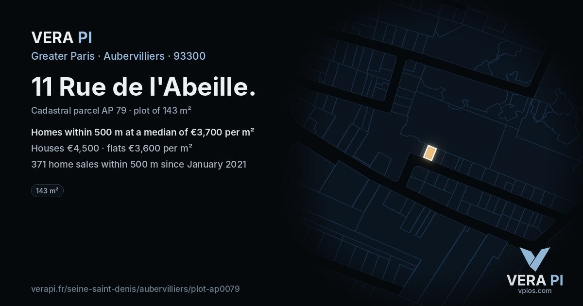 11 Rue de l'Abeille, Aubervilliers at night – the plot lit, the parcels around coloured by the prices near them