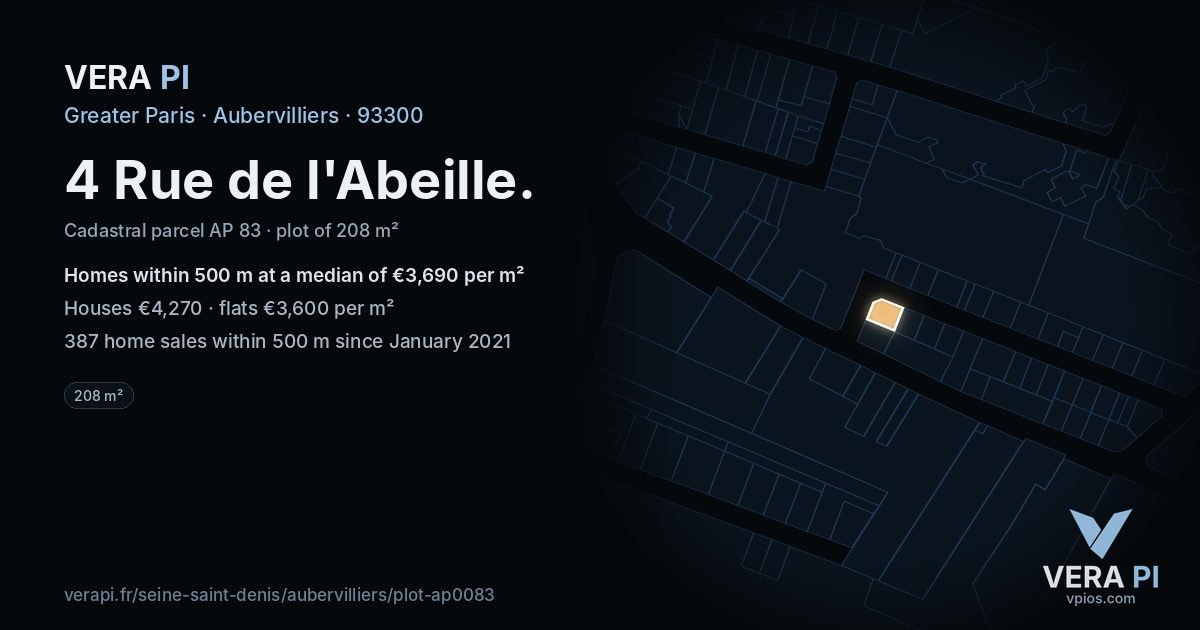 4 Rue de l'Abeille, Aubervilliers at night – the plot lit, the parcels around coloured by the prices near them