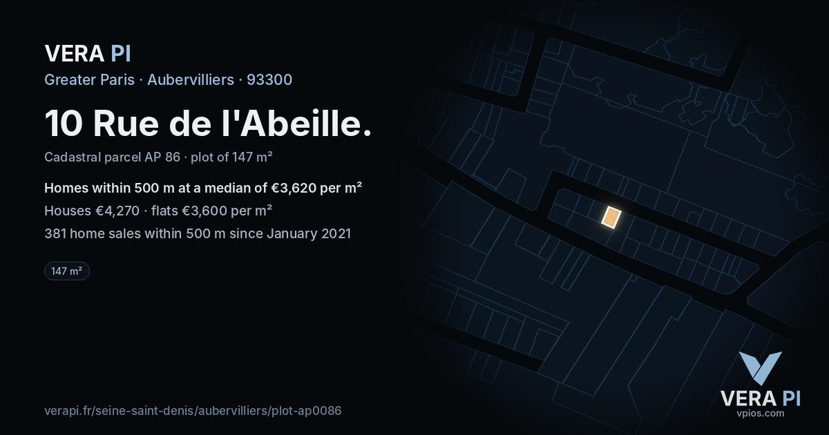 10 Rue de l'Abeille, Aubervilliers at night – the plot lit, the parcels around coloured by the prices near them