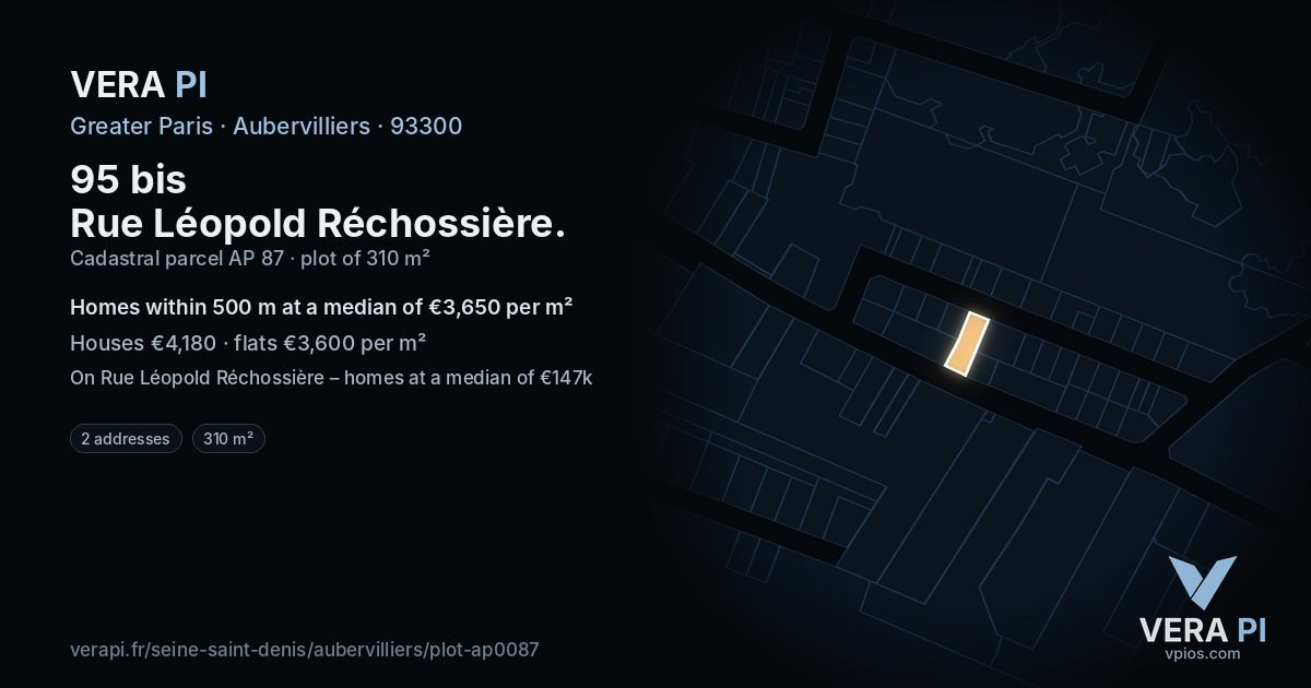 95 bis Rue Léopold Réchossière, Aubervilliers at night – the plot lit, the parcels around coloured by the prices near them