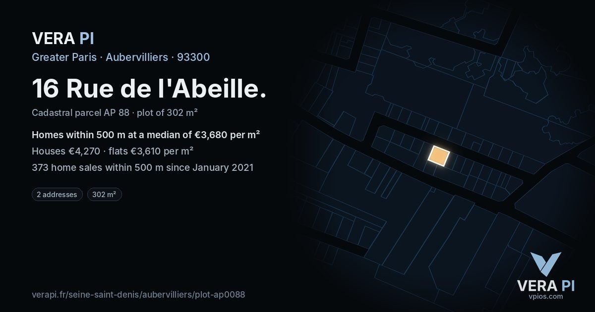 16 Rue de l'Abeille, Aubervilliers at night – the plot lit, the parcels around coloured by the prices near them