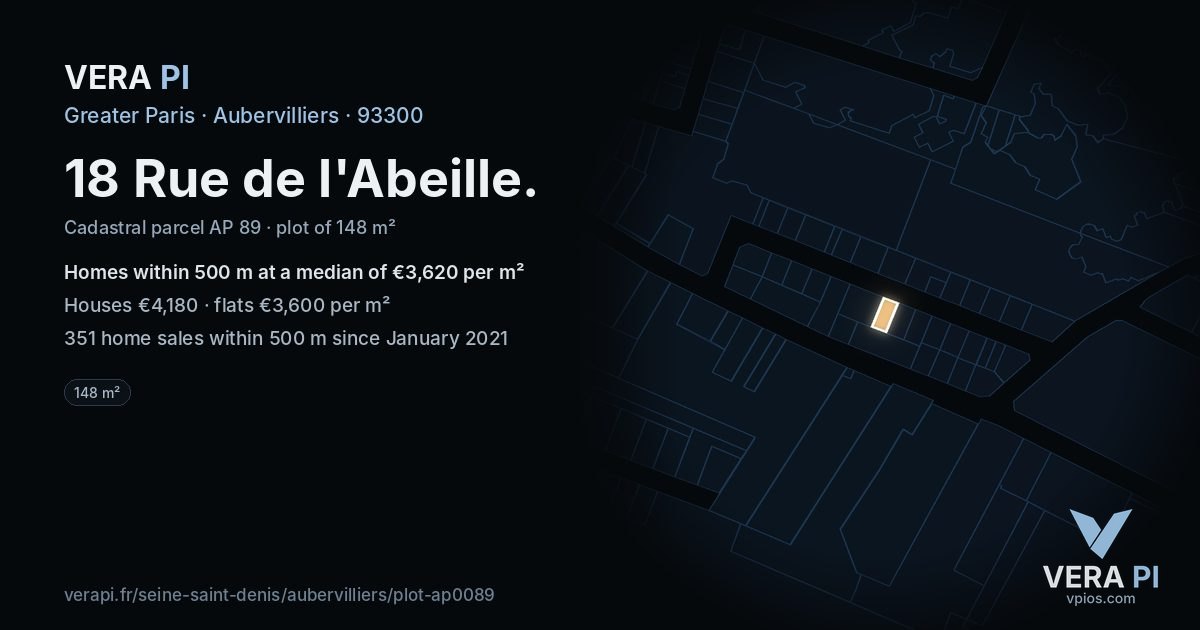 18 Rue de l'Abeille, Aubervilliers at night – the plot lit, the parcels around coloured by the prices near them