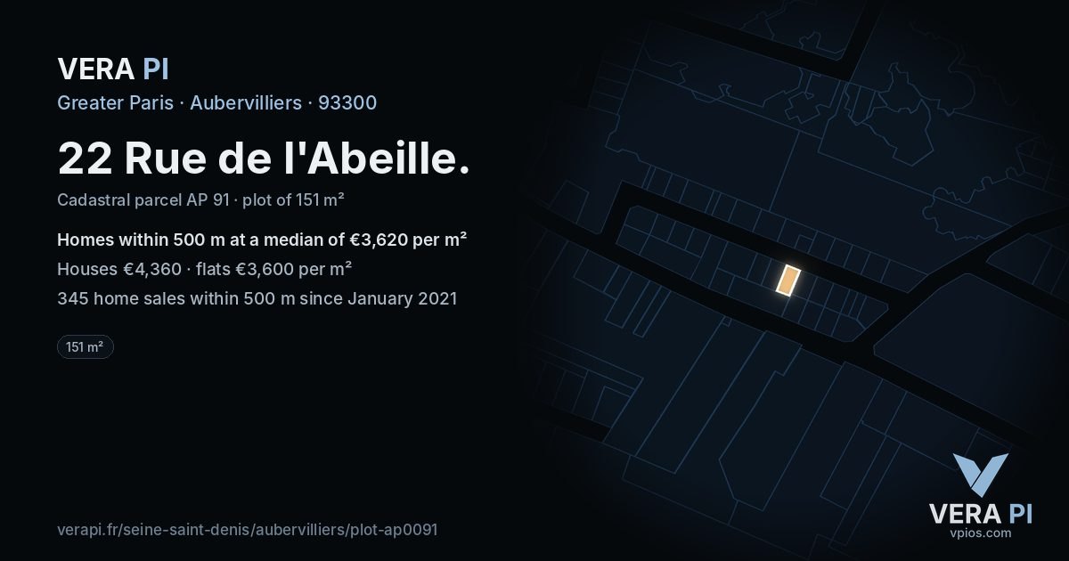 22 Rue de l'Abeille, Aubervilliers at night – the plot lit, the parcels around coloured by the prices near them