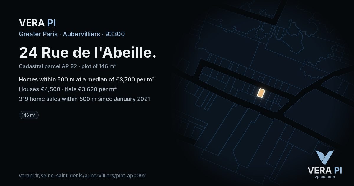 24 Rue de l'Abeille, Aubervilliers at night – the plot lit, the parcels around coloured by the prices near them