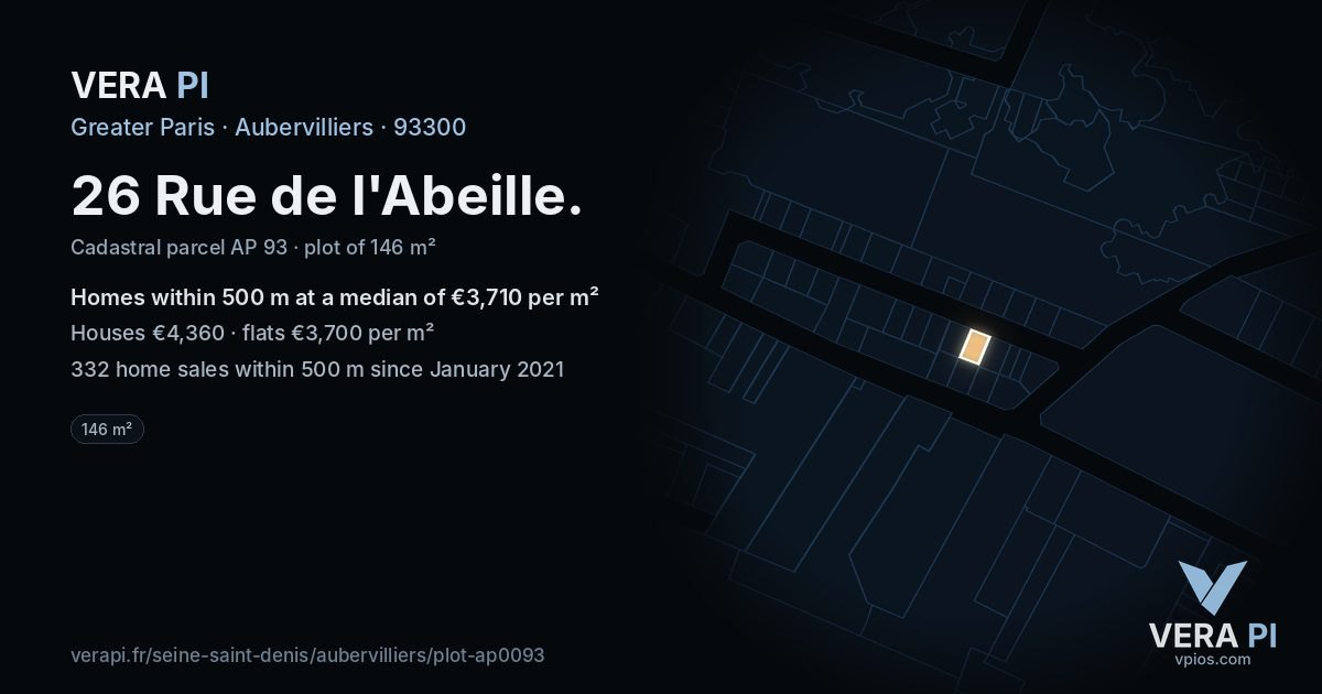 26 Rue de l'Abeille, Aubervilliers at night – the plot lit, the parcels around coloured by the prices near them