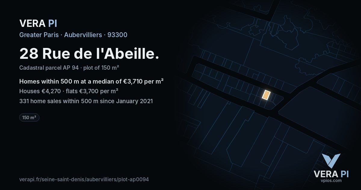 28 Rue de l'Abeille, Aubervilliers at night – the plot lit, the parcels around coloured by the prices near them