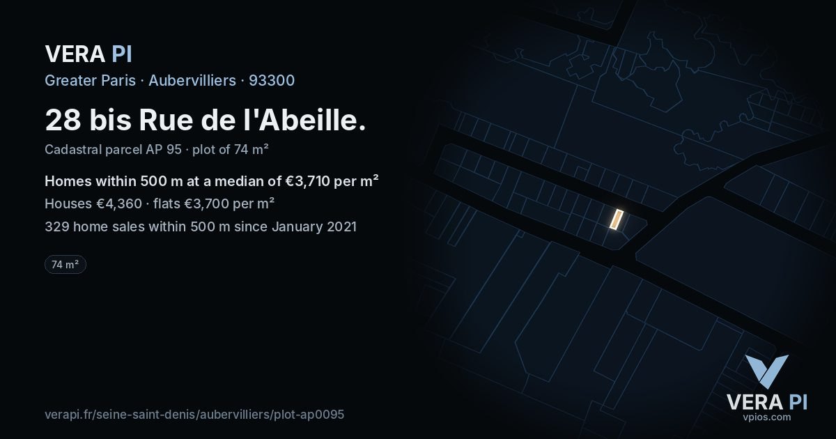 28 bis Rue de l'Abeille, Aubervilliers at night – the plot lit, the parcels around coloured by the prices near them