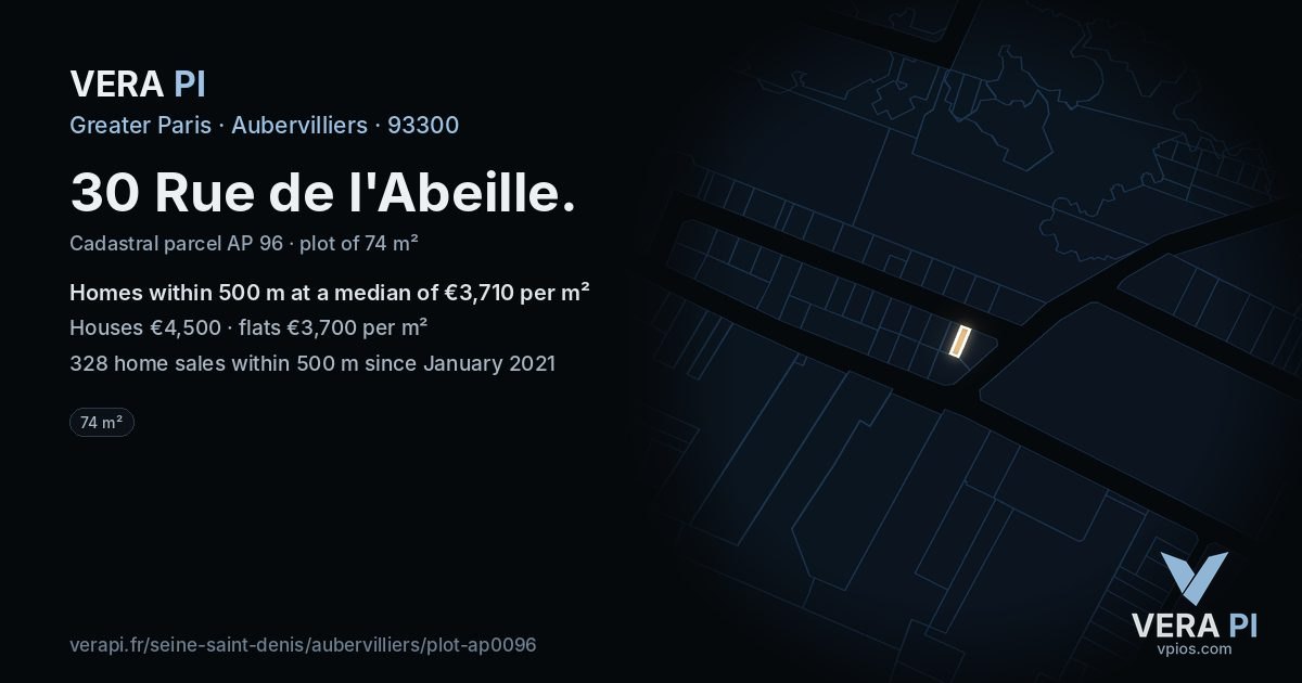 30 Rue de l'Abeille, Aubervilliers at night – the plot lit, the parcels around coloured by the prices near them