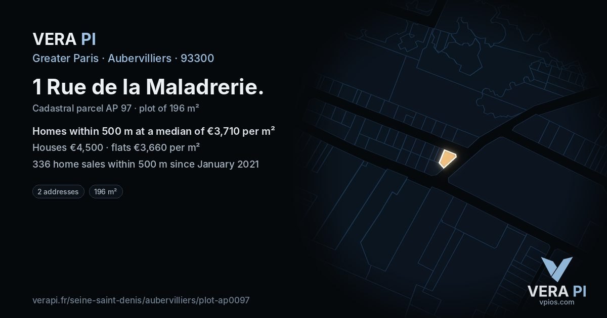 1 Rue de la Maladrerie, Aubervilliers at night – the plot lit, the parcels around coloured by the prices near them