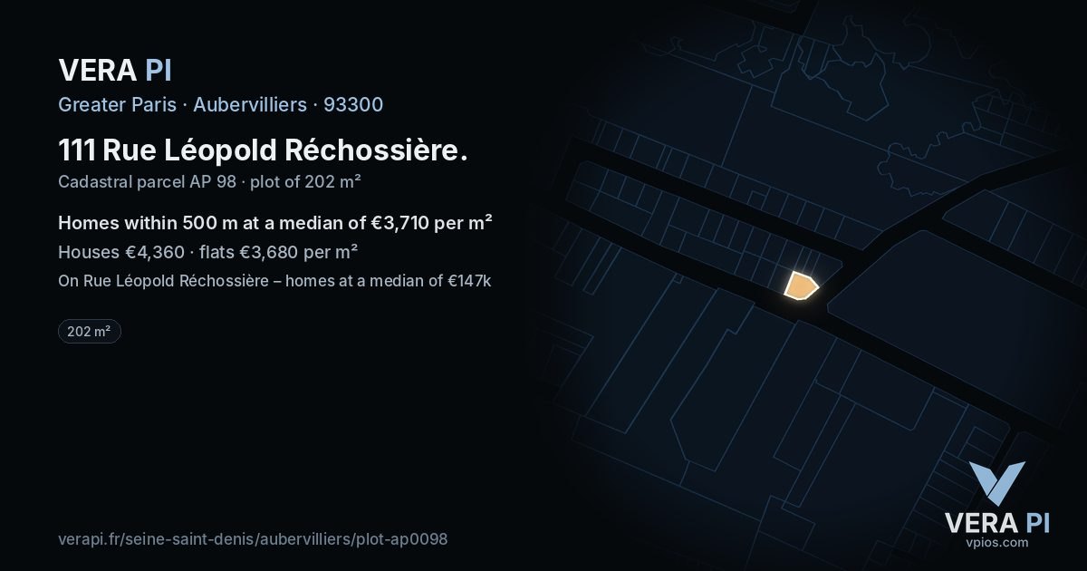111 Rue Léopold Réchossière, Aubervilliers at night – the plot lit, the parcels around coloured by the prices near them