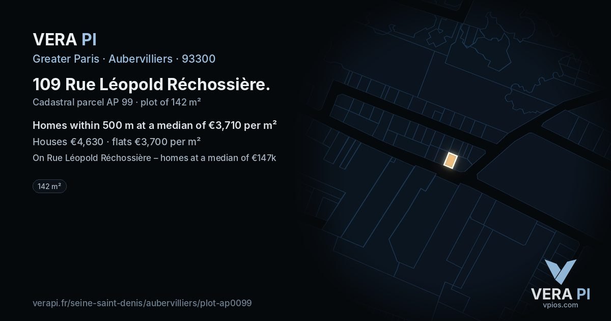 109 Rue Léopold Réchossière, Aubervilliers at night – the plot lit, the parcels around coloured by the prices near them