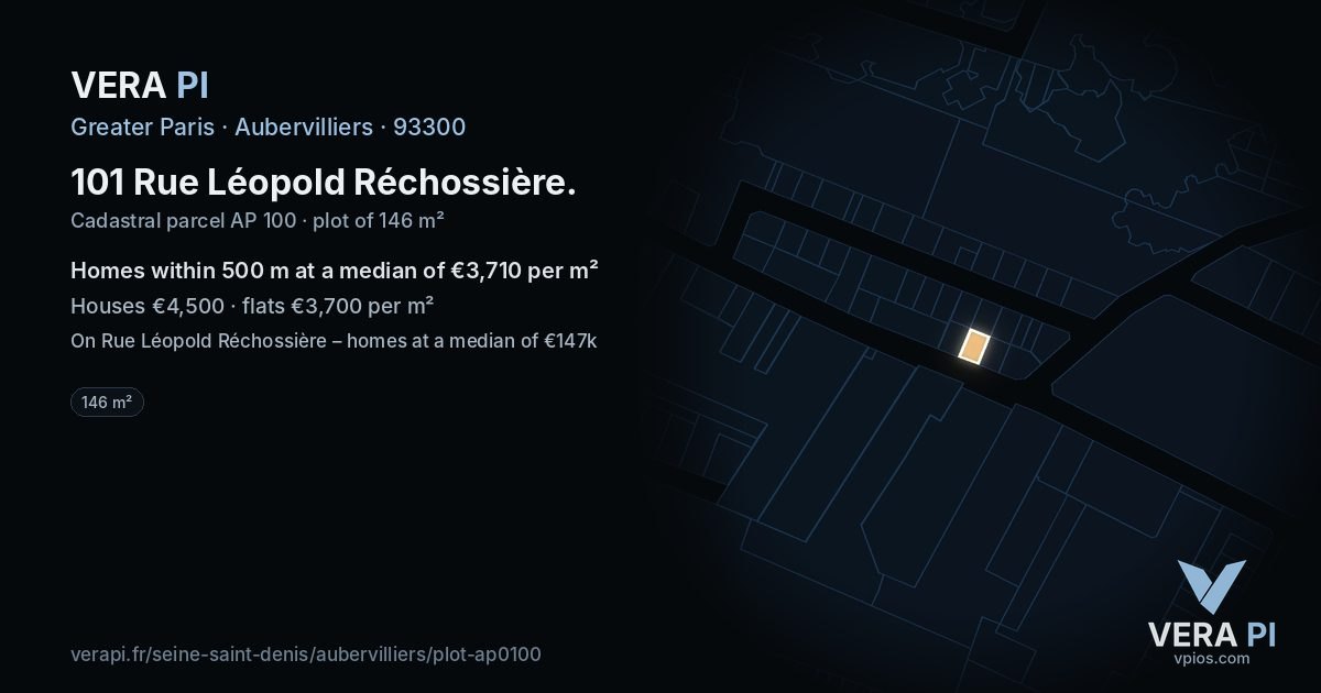 101 Rue Léopold Réchossière, Aubervilliers at night – the plot lit, the parcels around coloured by the prices near them