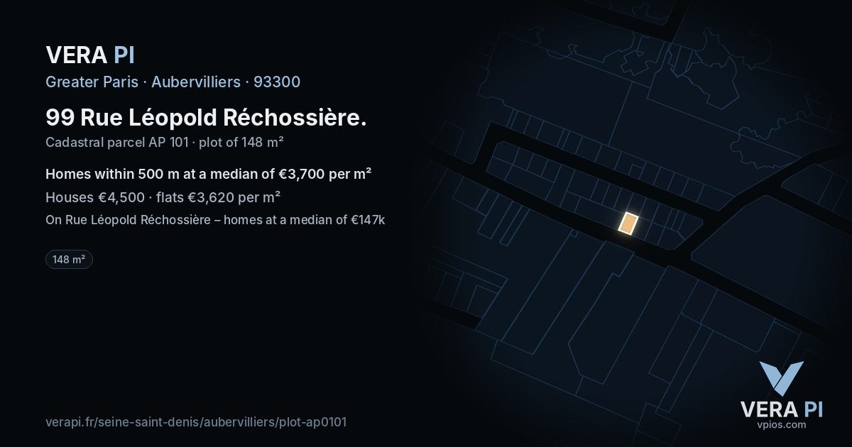 99 Rue Léopold Réchossière, Aubervilliers at night – the plot lit, the parcels around coloured by the prices near them