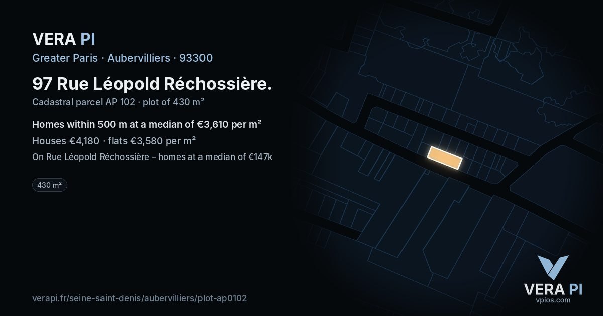 97 Rue Léopold Réchossière, Aubervilliers at night – the plot lit, the parcels around coloured by the prices near them