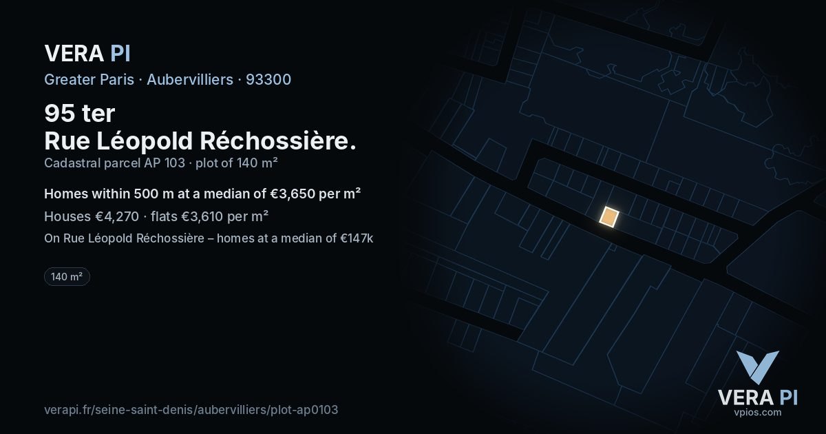 95 ter Rue Léopold Réchossière, Aubervilliers at night – the plot lit, the parcels around coloured by the prices near them