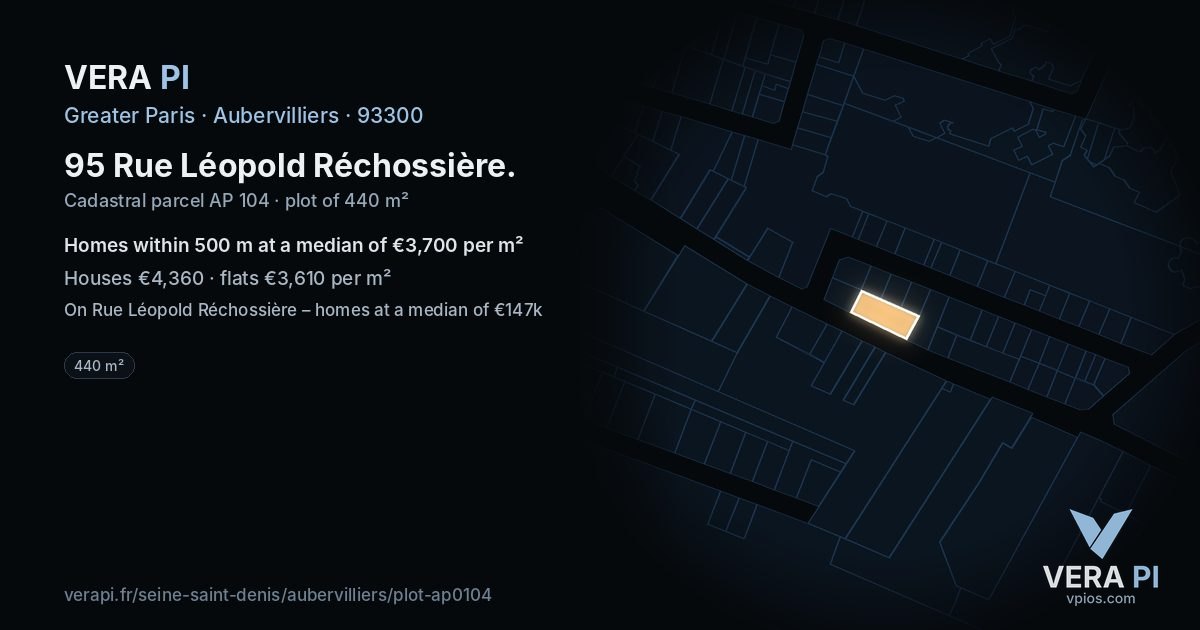 95 Rue Léopold Réchossière, Aubervilliers at night – the plot lit, the parcels around coloured by the prices near them