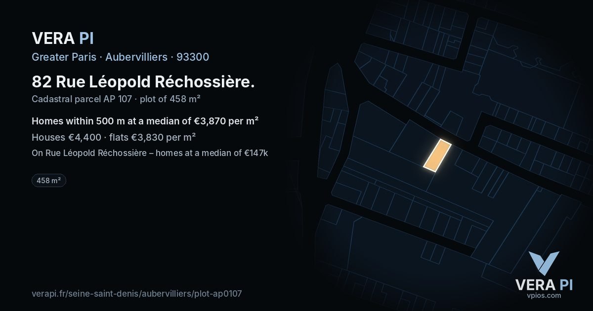 82 Rue Léopold Réchossière, Aubervilliers at night – the plot lit, the parcels around coloured by the prices near them