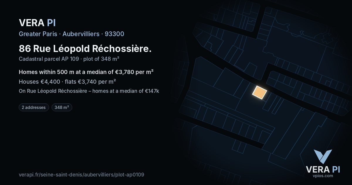 86 Rue Léopold Réchossière, Aubervilliers at night – the plot lit, the parcels around coloured by the prices near them