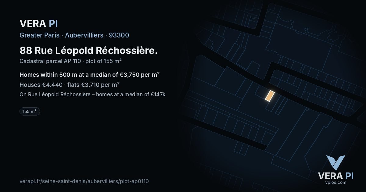 88 Rue Léopold Réchossière, Aubervilliers at night – the plot lit, the parcels around coloured by the prices near them