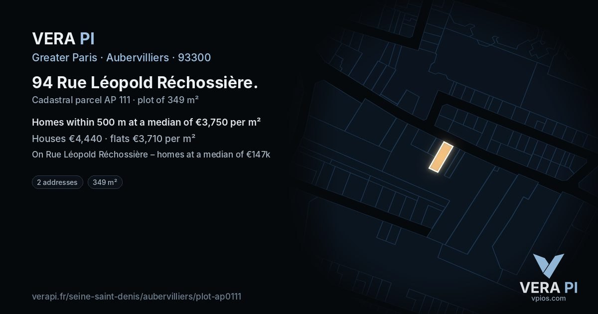 94 Rue Léopold Réchossière, Aubervilliers at night – the plot lit, the parcels around coloured by the prices near them
