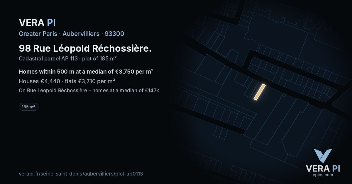 98 Rue Léopold Réchossière, Aubervilliers at night – the plot lit, the parcels around coloured by the prices near them