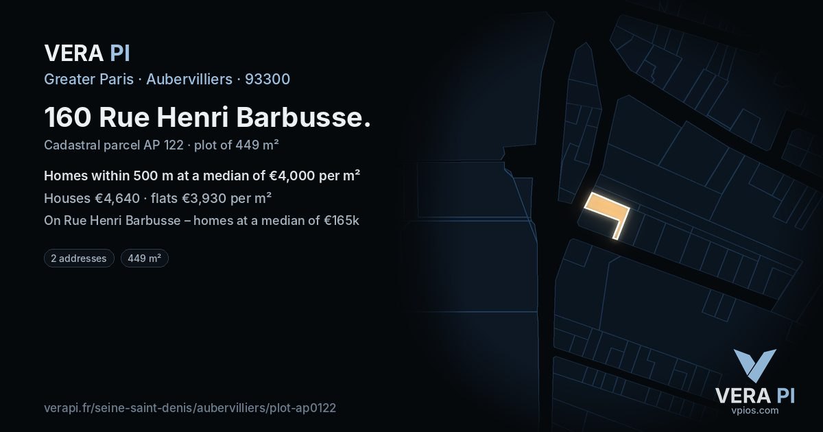 160 Rue Henri Barbusse, Aubervilliers at night – the plot lit, the parcels around coloured by the prices near them