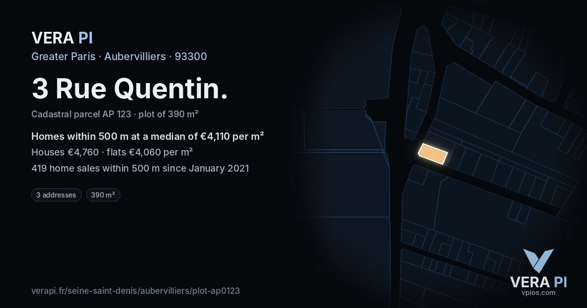 3 Rue Quentin, Aubervilliers at night – the plot lit, the parcels around coloured by the prices near them