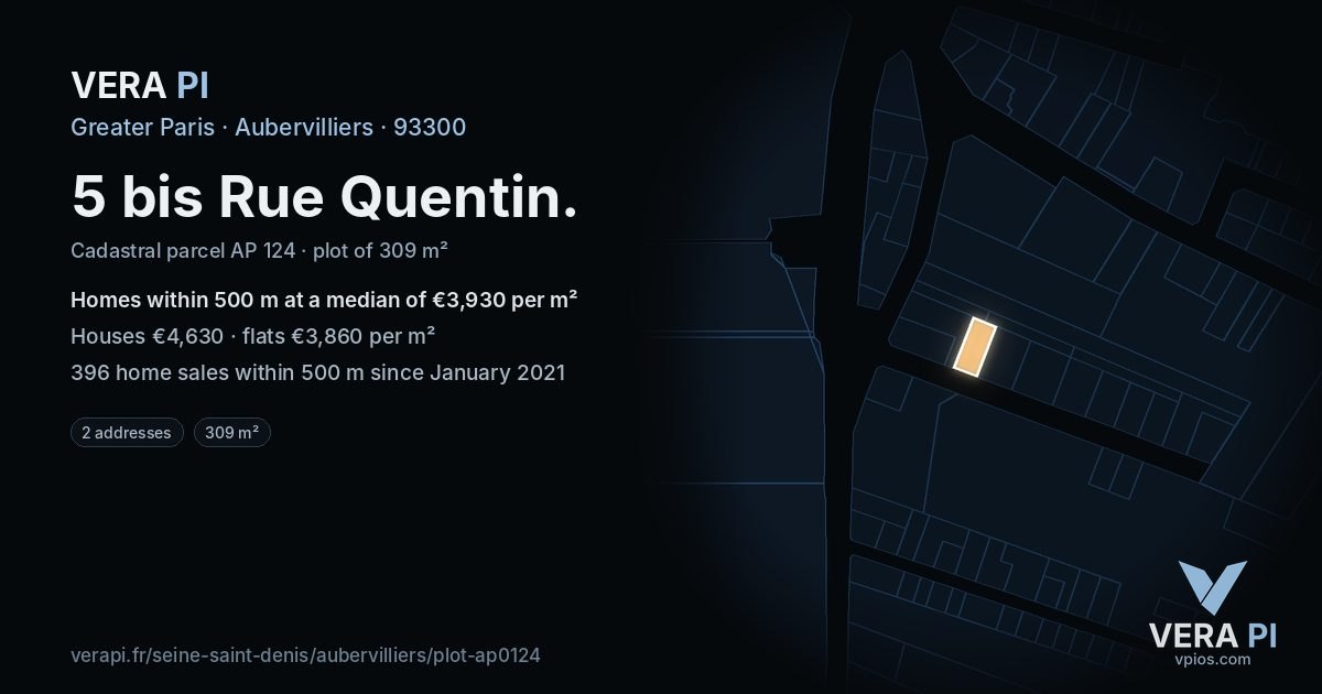5 bis Rue Quentin, Aubervilliers at night – the plot lit, the parcels around coloured by the prices near them