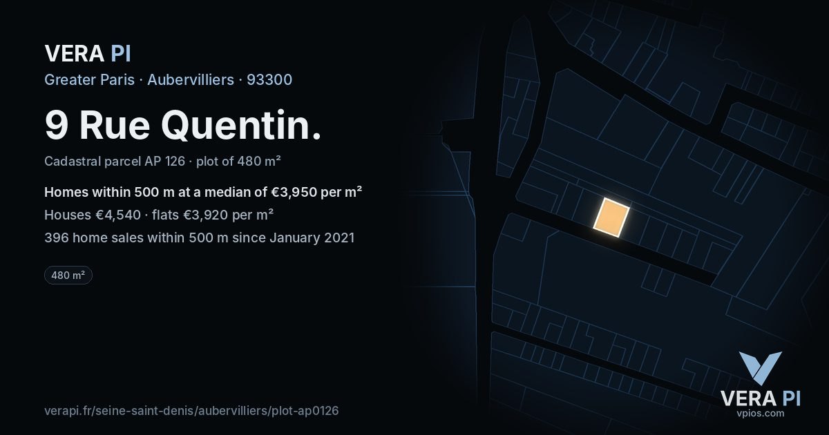 9 Rue Quentin, Aubervilliers at night – the plot lit, the parcels around coloured by the prices near them