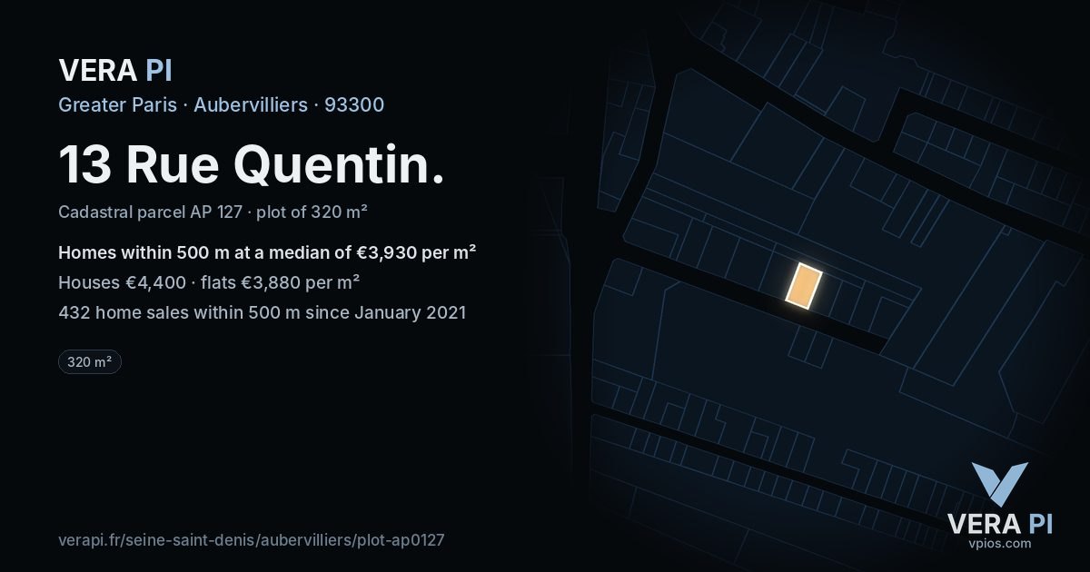 13 Rue Quentin, Aubervilliers at night – the plot lit, the parcels around coloured by the prices near them