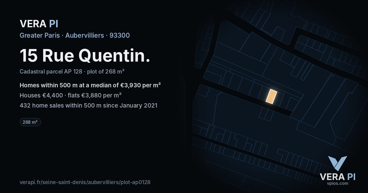 15 Rue Quentin, Aubervilliers at night – the plot lit, the parcels around coloured by the prices near them