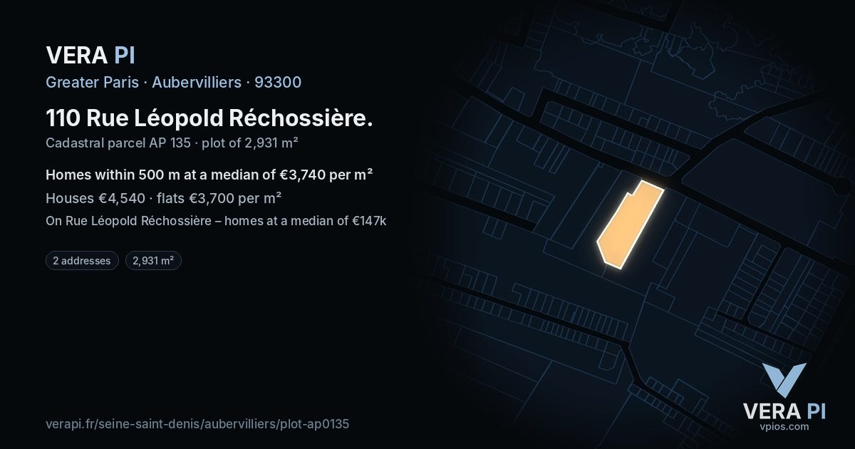 110 Rue Léopold Réchossière, Aubervilliers at night – the plot lit, the parcels around coloured by the prices near them