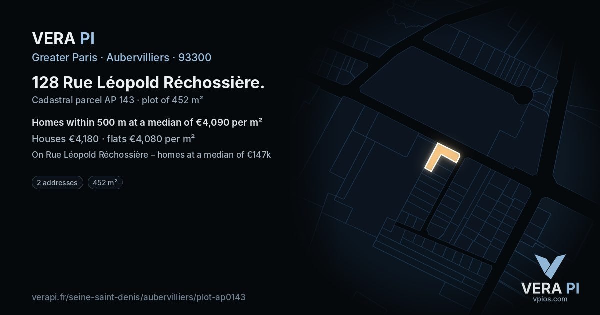 128 Rue Léopold Réchossière, Aubervilliers at night – the plot lit, the parcels around coloured by the prices near them