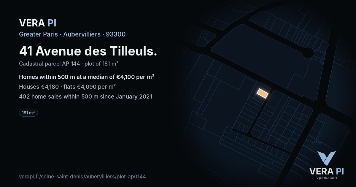 41 Avenue des Tilleuls, Aubervilliers at night – the plot lit, the parcels around coloured by the prices near them