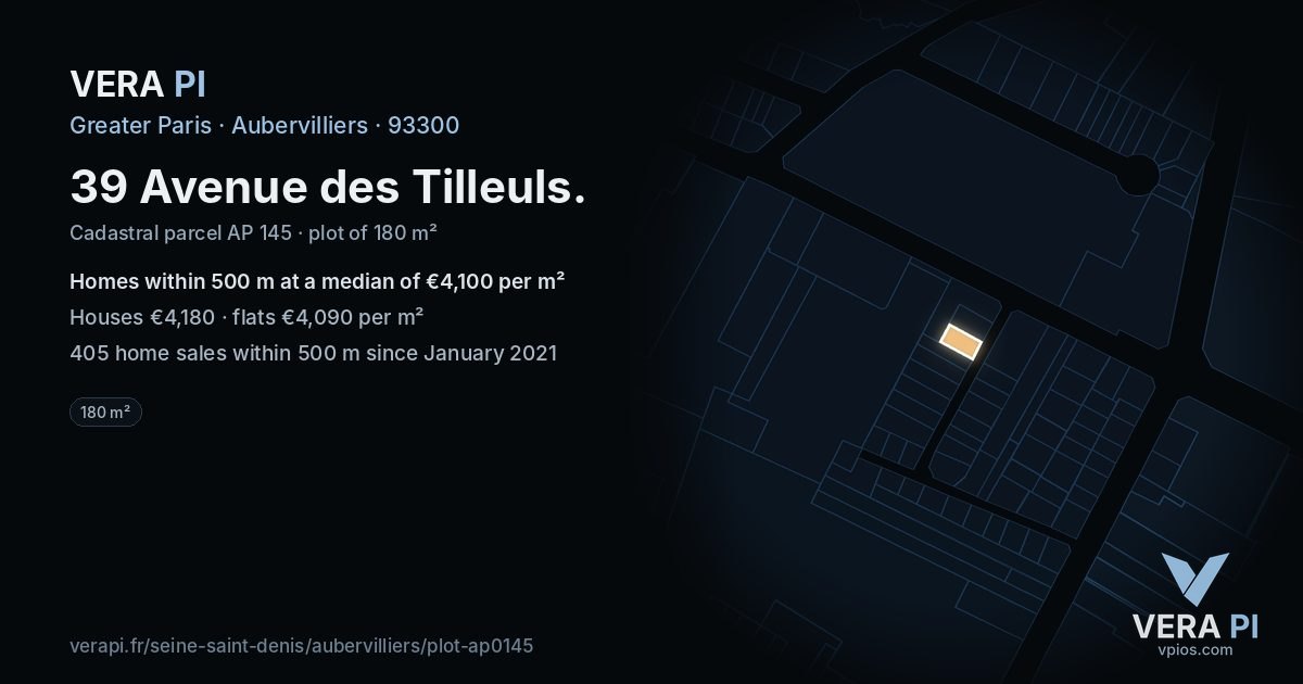 39 Avenue des Tilleuls, Aubervilliers at night – the plot lit, the parcels around coloured by the prices near them