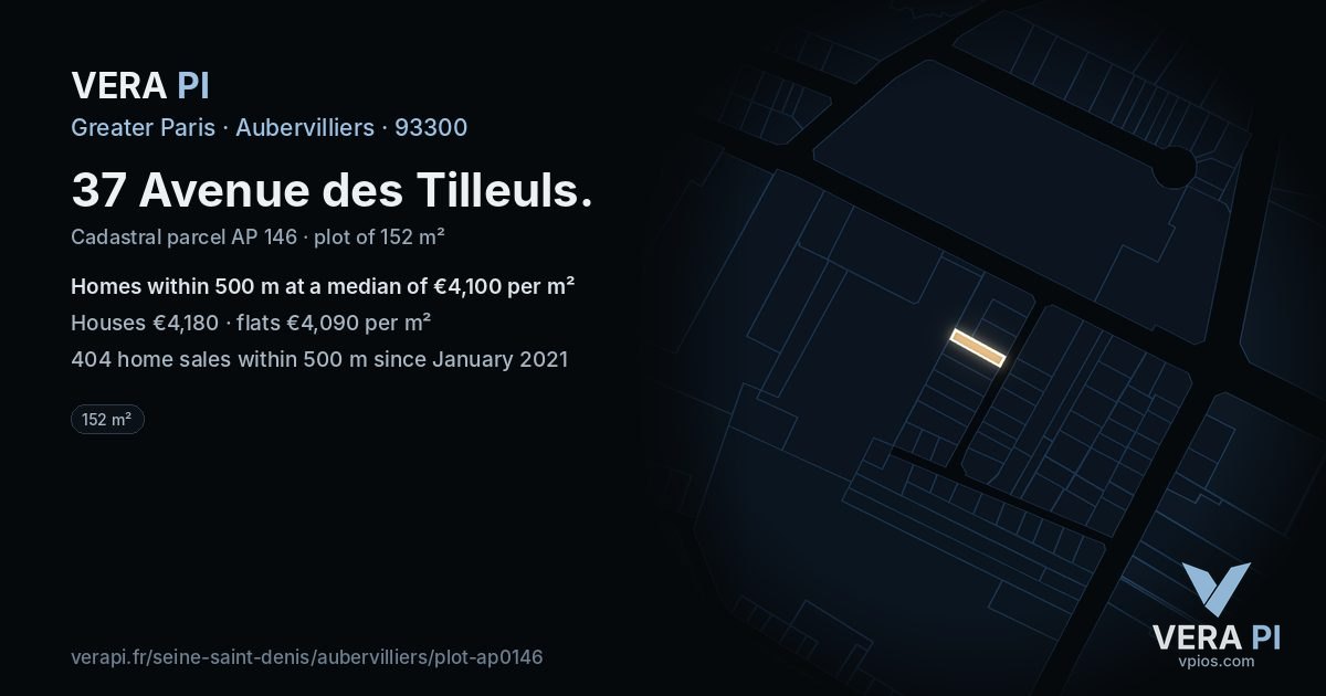 37 Avenue des Tilleuls, Aubervilliers at night – the plot lit, the parcels around coloured by the prices near them