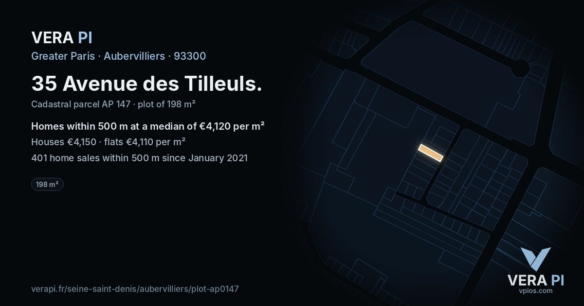 35 Avenue des Tilleuls, Aubervilliers at night – the plot lit, the parcels around coloured by the prices near them