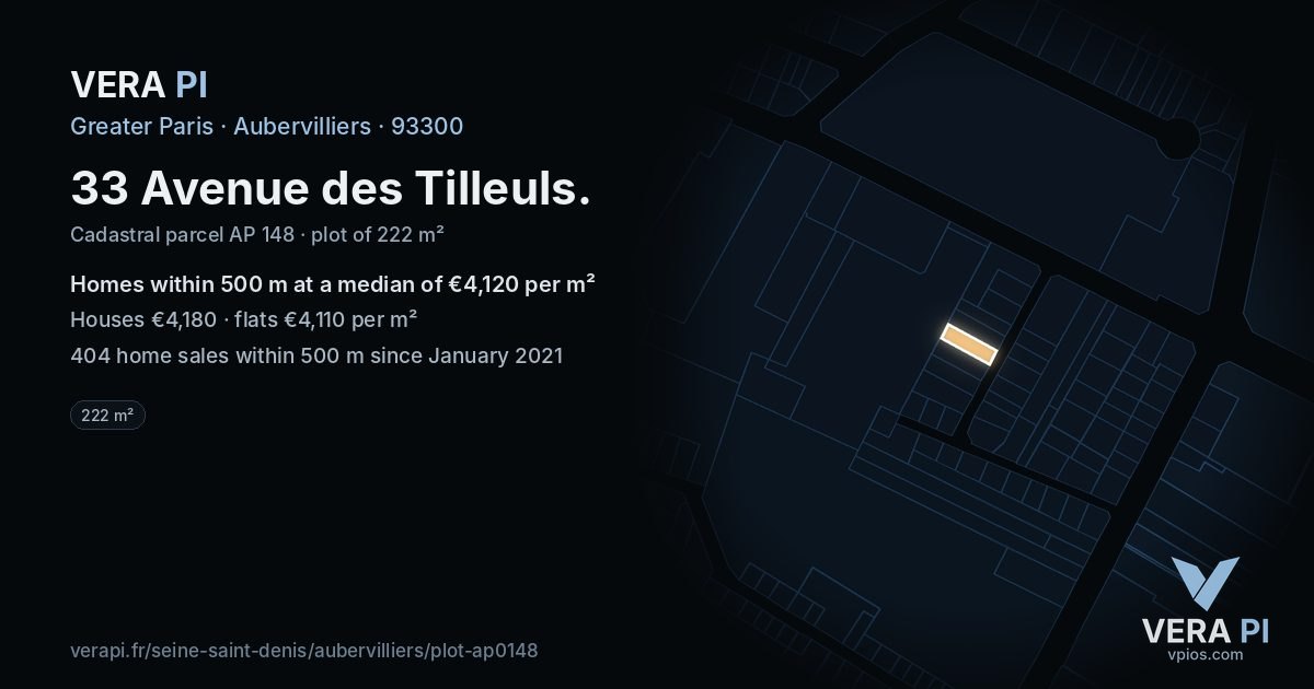 33 Avenue des Tilleuls, Aubervilliers at night – the plot lit, the parcels around coloured by the prices near them