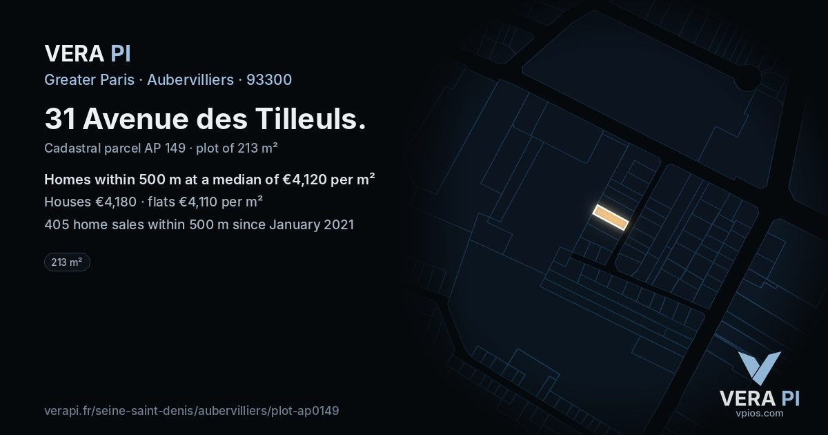 31 Avenue des Tilleuls, Aubervilliers at night – the plot lit, the parcels around coloured by the prices near them