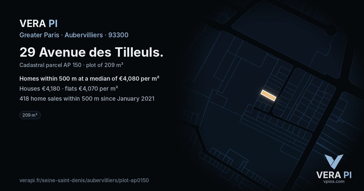 29 Avenue des Tilleuls, Aubervilliers at night – the plot lit, the parcels around coloured by the prices near them