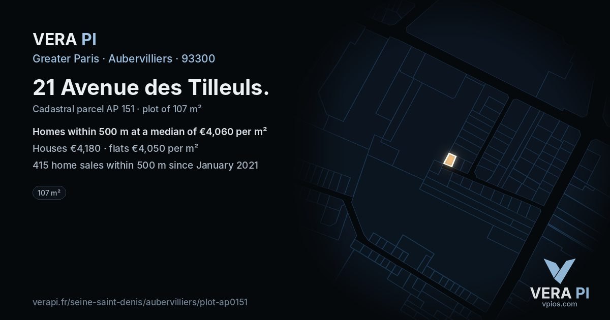 21 Avenue des Tilleuls, Aubervilliers at night – the plot lit, the parcels around coloured by the prices near them