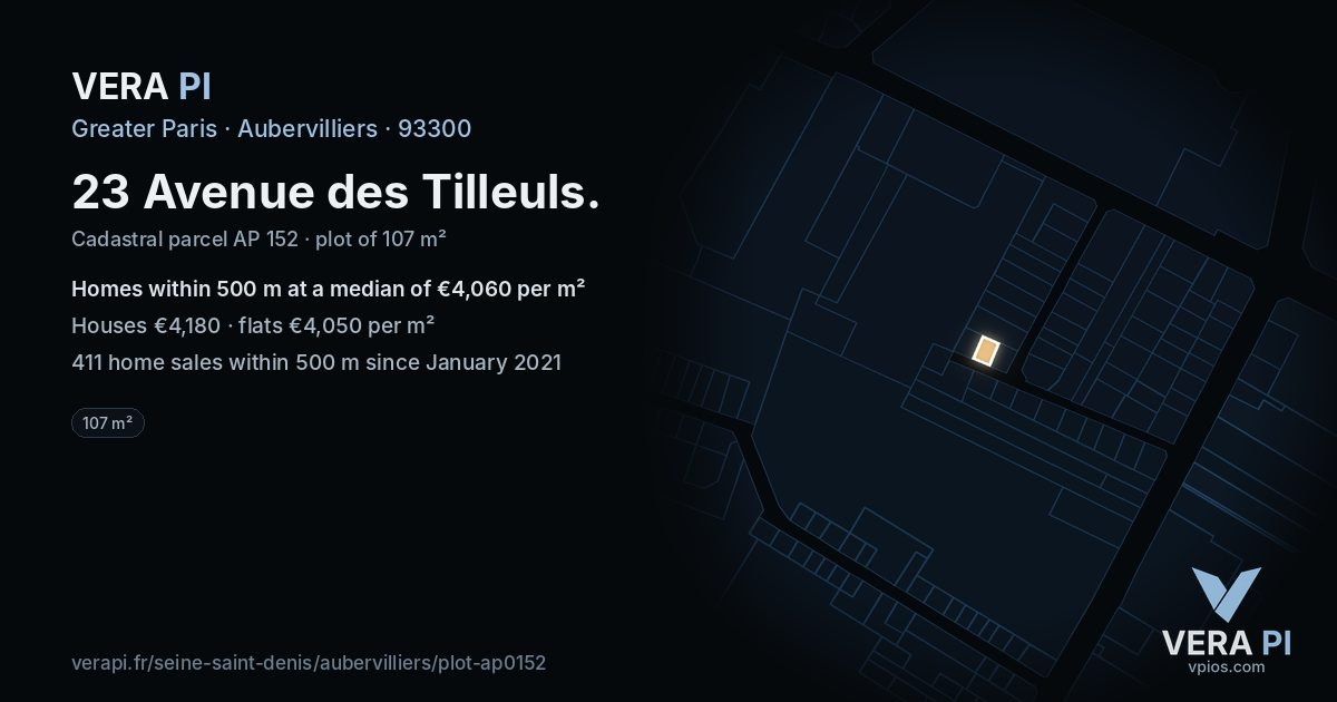 23 Avenue des Tilleuls, Aubervilliers at night – the plot lit, the parcels around coloured by the prices near them