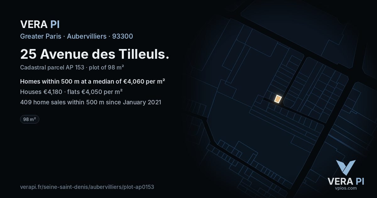 25 Avenue des Tilleuls, Aubervilliers at night – the plot lit, the parcels around coloured by the prices near them