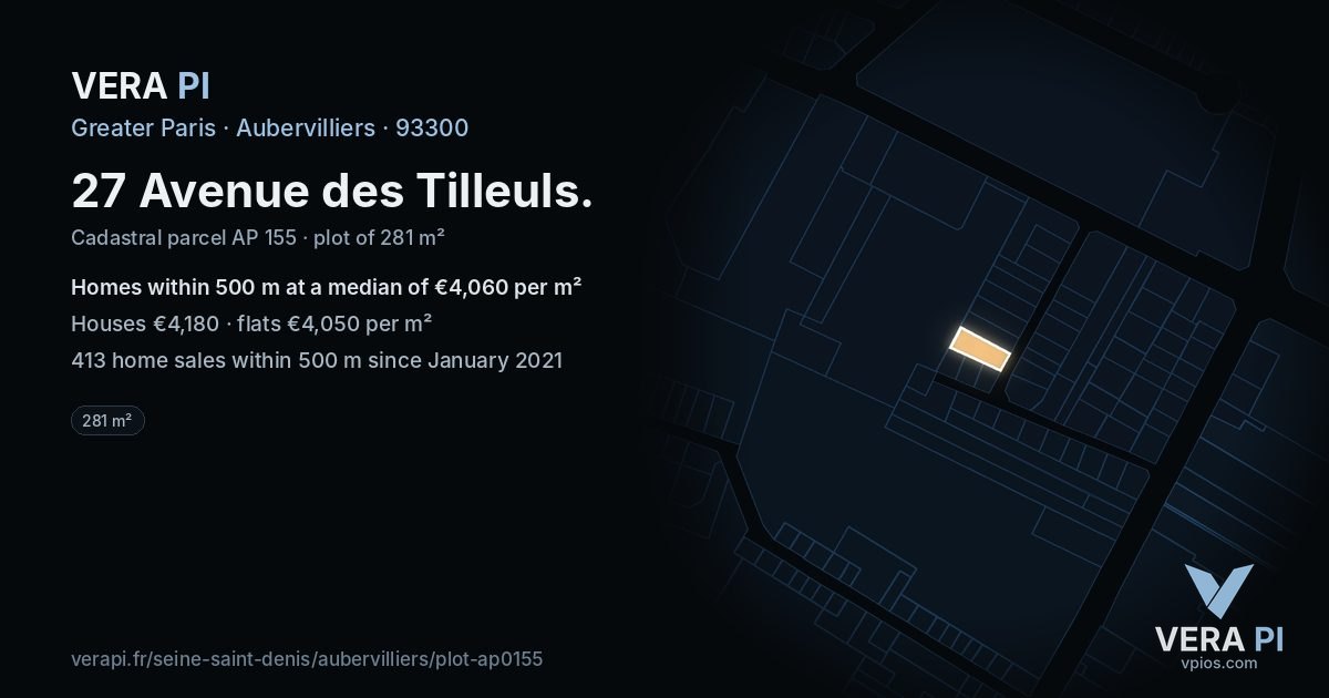 27 Avenue des Tilleuls, Aubervilliers at night – the plot lit, the parcels around coloured by the prices near them