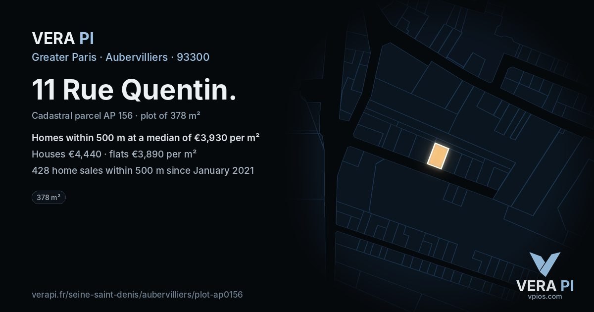 11 Rue Quentin, Aubervilliers at night – the plot lit, the parcels around coloured by the prices near them