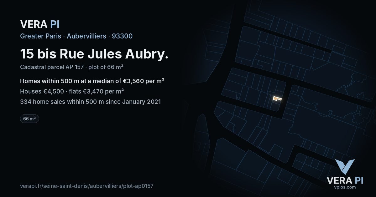 15 bis Rue Jules Aubry, Aubervilliers at night – the plot lit, the parcels around coloured by the prices near them
