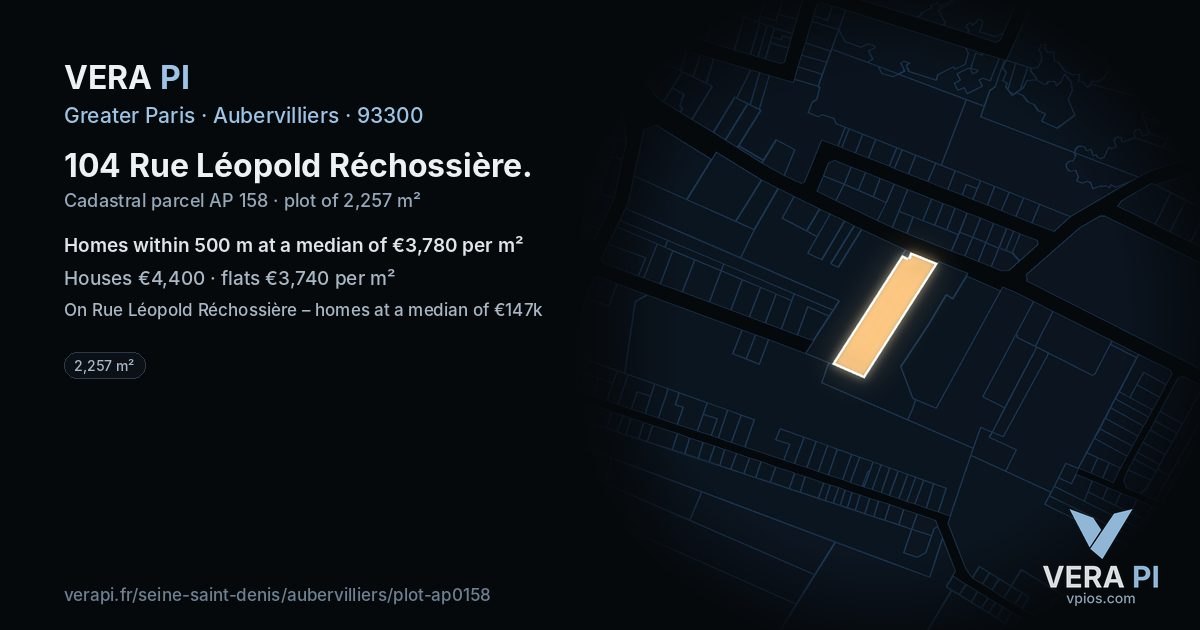 104 Rue Léopold Réchossière, Aubervilliers at night – the plot lit, the parcels around coloured by the prices near them