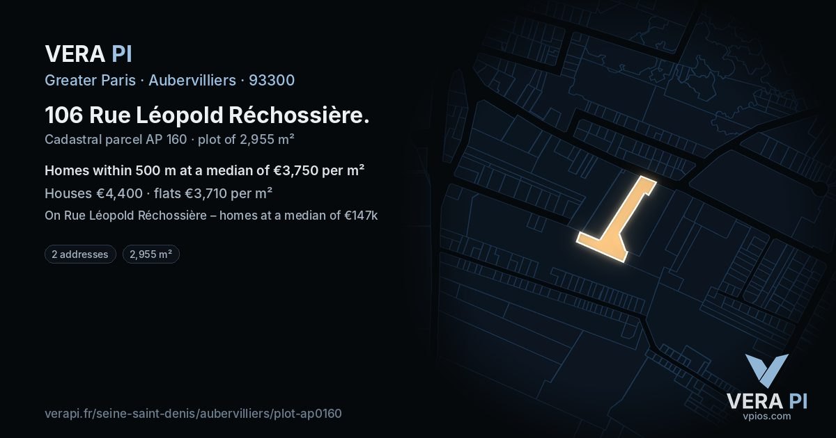 106 Rue Léopold Réchossière, Aubervilliers at night – the plot lit, the parcels around coloured by the prices near them